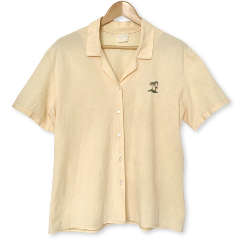 Vintage Butter Yellow Camp Collar Button Up Short Sleeve Shirt Prep Coastal Boho